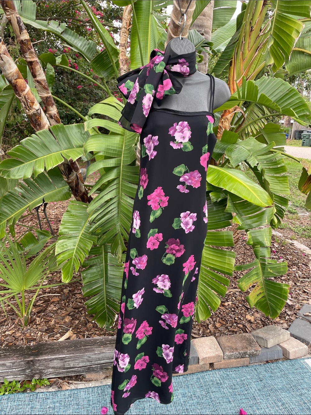 dark floral slipped dress with scarf, bow or belt